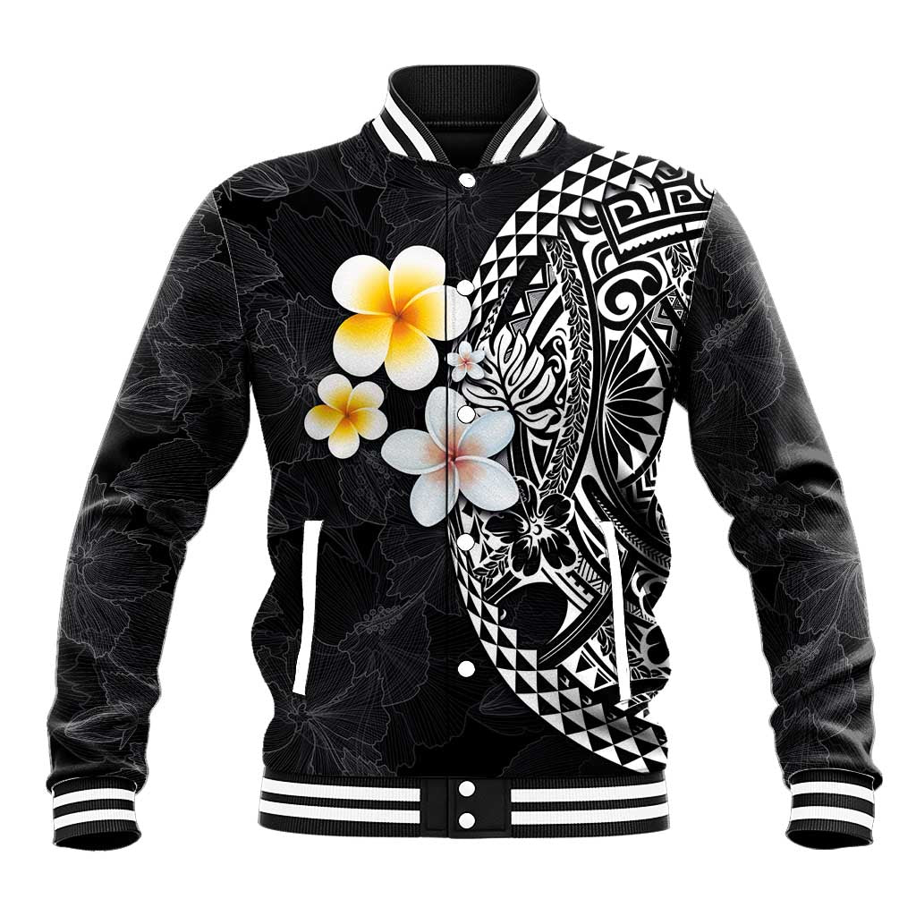 Hawaiian Hibiscus and Plumeria Polynesian Tribal Tattoo Baseball Jacket Black Color