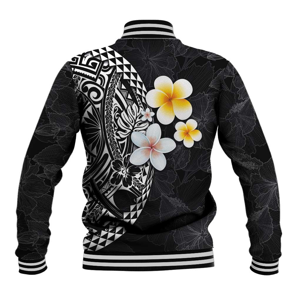 Hawaiian Hibiscus and Plumeria Polynesian Tribal Tattoo Baseball Jacket Black Color