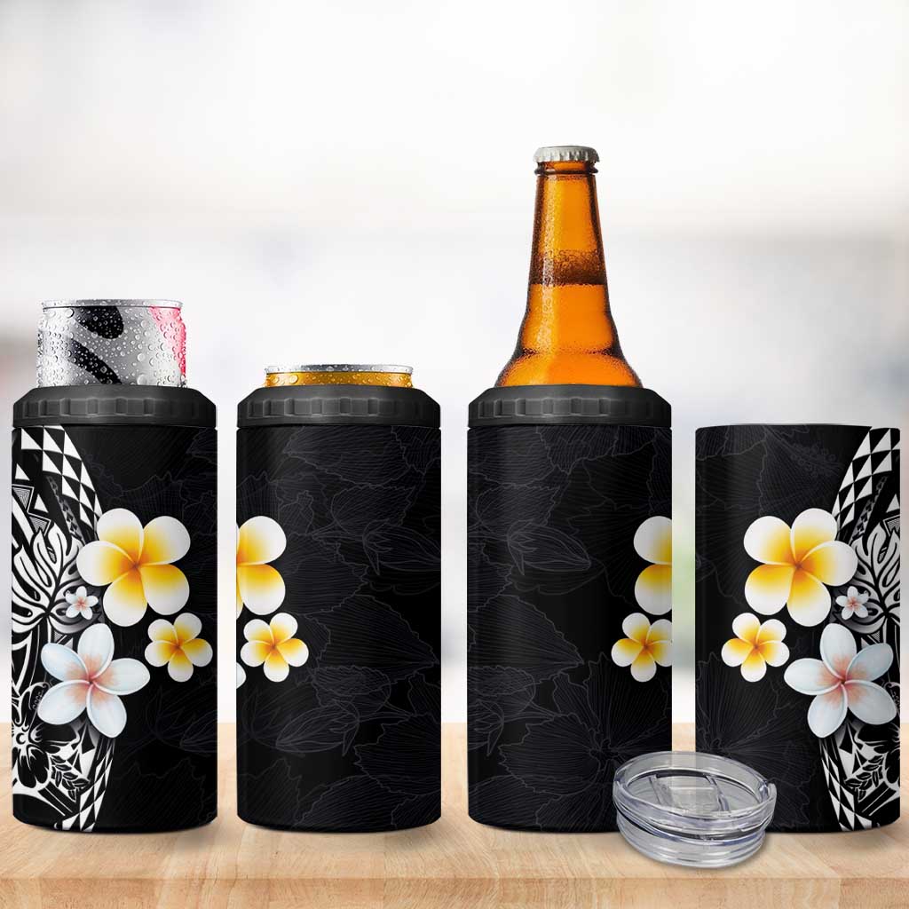 Hawaiian Hibiscus and Plumeria Polynesian Tribal Tattoo 4 in 1 Can Cooler Tumbler Black Color LT03 - Polynesian Pride
