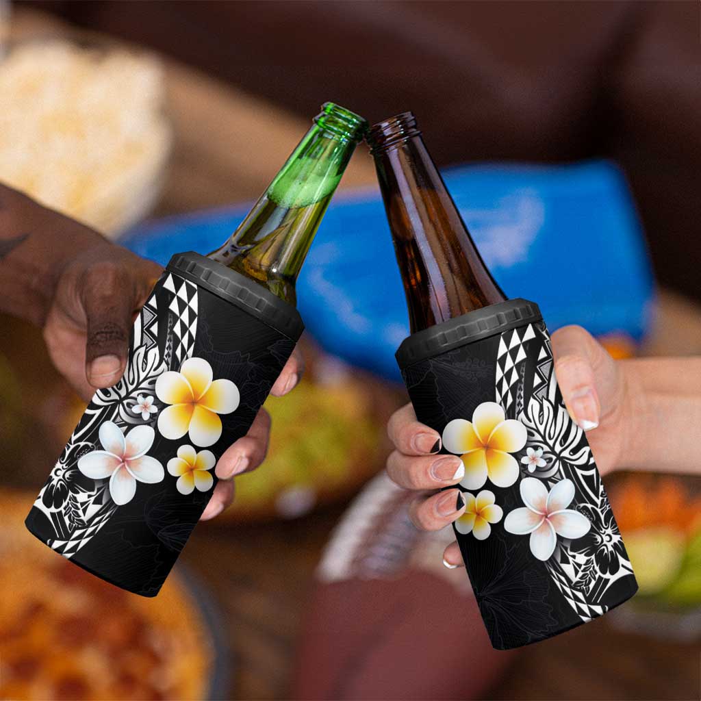 Hawaiian Hibiscus and Plumeria Polynesian Tribal Tattoo 4 in 1 Can Cooler Tumbler Black Color LT03 - Polynesian Pride
