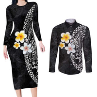 Hawaiian Hibiscus and Plumeria Polynesian Tribal Tattoo Couples Matching Long Sleeve Bodycon Dress and Long Sleeve Button Shirt Black Color LT03 Black - Polynesian Pride