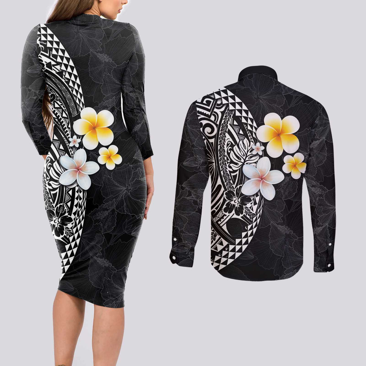Hawaiian Hibiscus and Plumeria Polynesian Tribal Tattoo Couples Matching Long Sleeve Bodycon Dress and Long Sleeve Button Shirt Black Color LT03 - Polynesian Pride