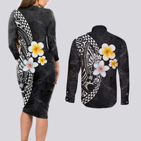 Hawaiian Hibiscus and Plumeria Polynesian Tribal Tattoo Couples Matching Long Sleeve Bodycon Dress and Long Sleeve Button Shirt Black Color LT03 - Polynesian Pride