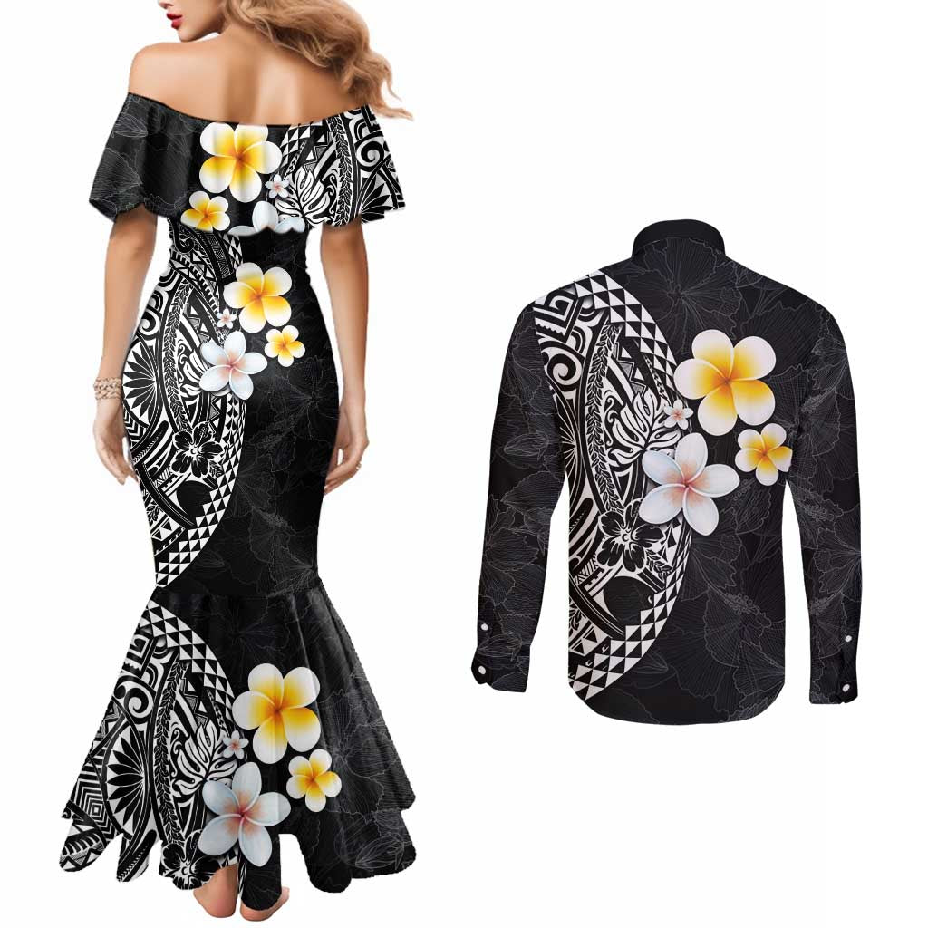 Hawaiian Hibiscus and Plumeria Polynesian Tribal Tattoo Couples Matching Mermaid Dress and Long Sleeve Button Shirt Black Color LT03 - Polynesian Pride
