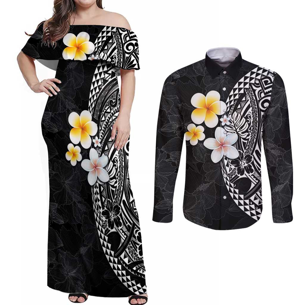 Hawaiian Hibiscus and Plumeria Polynesian Tribal Tattoo Couples Matching Off Shoulder Maxi Dress and Long Sleeve Button Shirt Black Color LT03 Black - Polynesian Pride