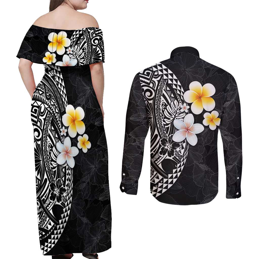 Hawaiian Hibiscus and Plumeria Polynesian Tribal Tattoo Couples Matching Off Shoulder Maxi Dress and Long Sleeve Button Shirt Black Color LT03 - Polynesian Pride
