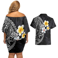 Hawaiian Hibiscus and Plumeria Polynesian Tribal Tattoo Couples Matching Off Shoulder Short Dress and Hawaiian Shirt Black Color LT03 - Polynesian Pride