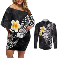 Hawaiian Hibiscus and Plumeria Polynesian Tribal Tattoo Couples Matching Off Shoulder Short Dress and Long Sleeve Button Shirt Black Color LT03 Black - Polynesian Pride