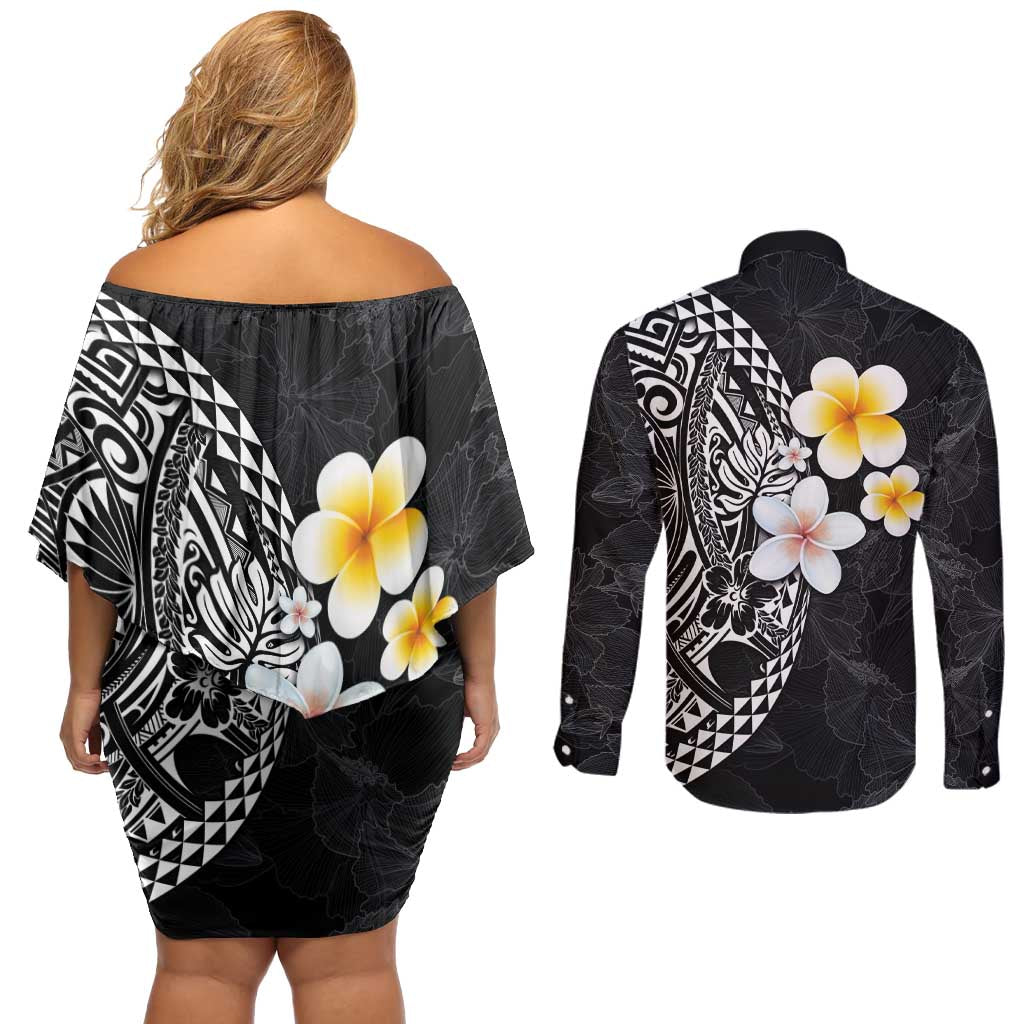 Hawaiian Hibiscus and Plumeria Polynesian Tribal Tattoo Couples Matching Off Shoulder Short Dress and Long Sleeve Button Shirt Black Color LT03 - Polynesian Pride