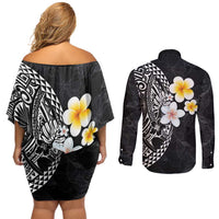 Hawaiian Hibiscus and Plumeria Polynesian Tribal Tattoo Couples Matching Off Shoulder Short Dress and Long Sleeve Button Shirt Black Color LT03 - Polynesian Pride