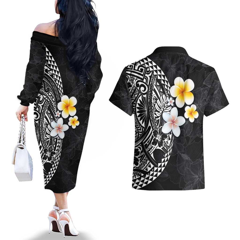 Hawaiian Hibiscus and Plumeria Polynesian Tribal Tattoo Couples Matching Off The Shoulder Long Sleeve Dress and Hawaiian Shirt Black Color LT03 - Polynesian Pride