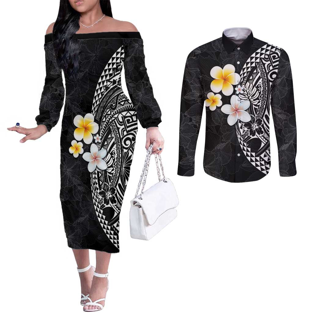 Hawaiian Hibiscus and Plumeria Polynesian Tribal Tattoo Couples Matching Off The Shoulder Long Sleeve Dress and Long Sleeve Button Shirt Black Color LT03 Black - Polynesian Pride