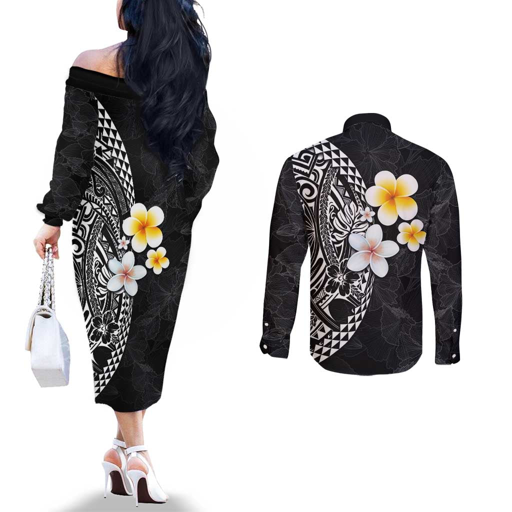 Hawaiian Hibiscus and Plumeria Polynesian Tribal Tattoo Couples Matching Off The Shoulder Long Sleeve Dress and Long Sleeve Button Shirt Black Color LT03 - Polynesian Pride