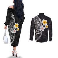Hawaiian Hibiscus and Plumeria Polynesian Tribal Tattoo Couples Matching Off The Shoulder Long Sleeve Dress and Long Sleeve Button Shirt Black Color LT03 - Polynesian Pride