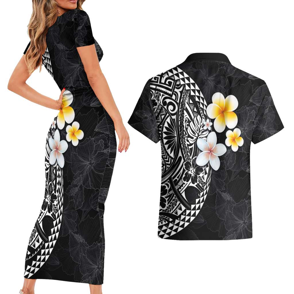 Hawaiian Hibiscus and Plumeria Polynesian Tribal Tattoo Couples Matching Short Sleeve Bodycon Dress and Hawaiian Shirt Black Color LT03 - Polynesian Pride