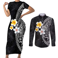 Hawaiian Hibiscus and Plumeria Polynesian Tribal Tattoo Couples Matching Short Sleeve Bodycon Dress and Long Sleeve Button Shirt Black Color LT03 Black - Polynesian Pride