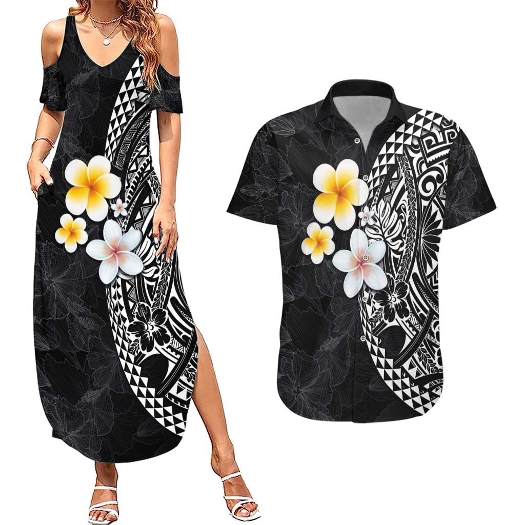 Hawaiian Hibiscus and Plumeria Polynesian Tribal Tattoo Couples Matching Summer Maxi Dress and Hawaiian Shirt Black Color LT03 Black - Polynesian Pride