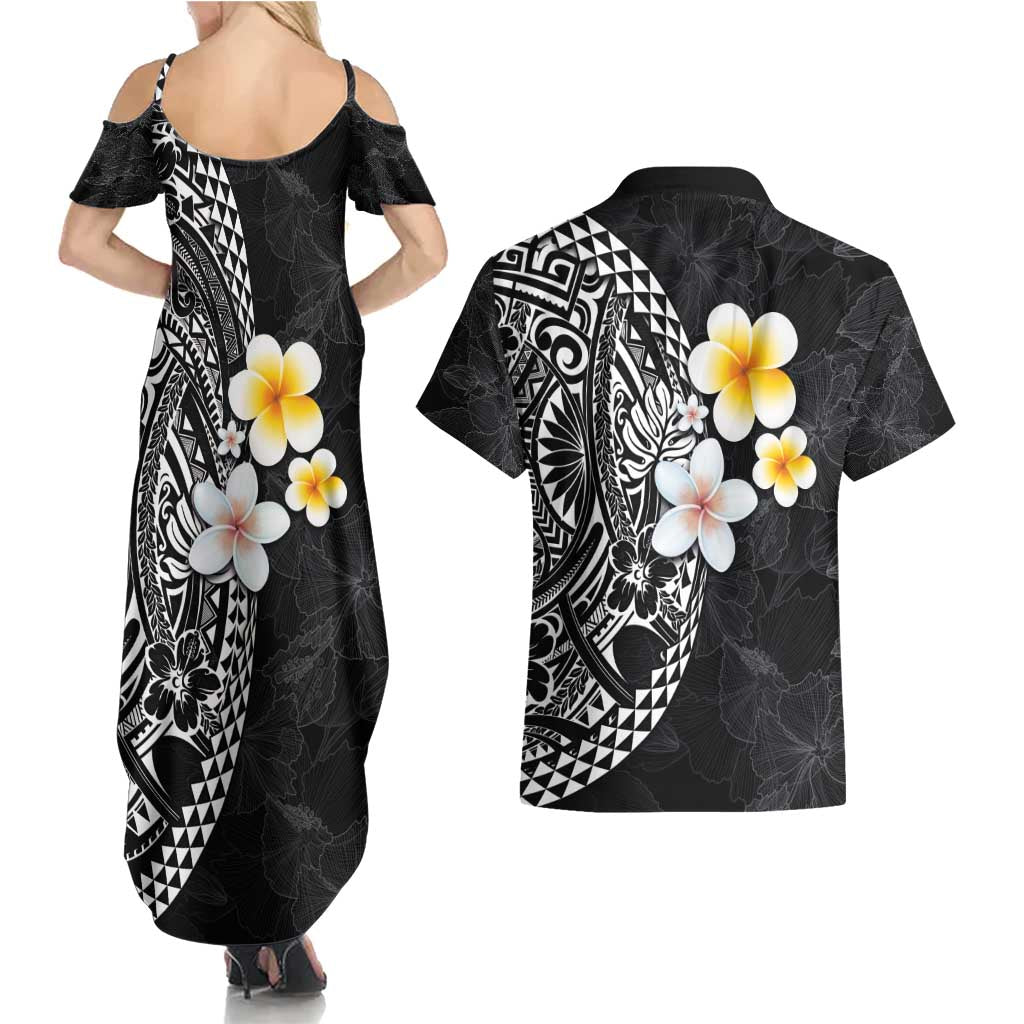 Hawaiian Hibiscus and Plumeria Polynesian Tribal Tattoo Couples Matching Summer Maxi Dress and Hawaiian Shirt Black Color LT03 - Polynesian Pride