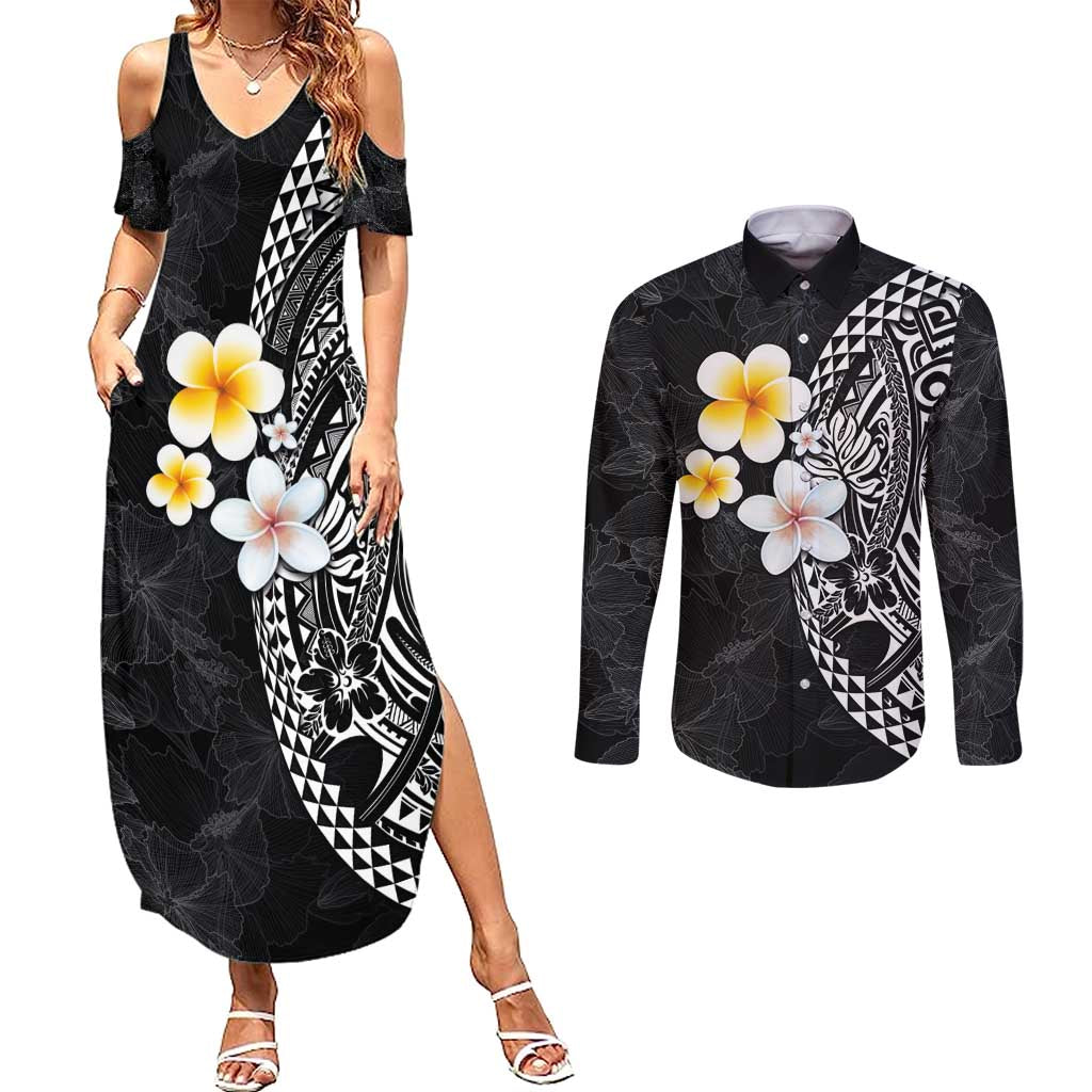 Hawaiian Hibiscus and Plumeria Polynesian Tribal Tattoo Couples Matching Summer Maxi Dress and Long Sleeve Button Shirt Black Color LT03 Black - Polynesian Pride