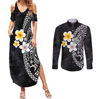 Hawaiian Hibiscus and Plumeria Polynesian Tribal Tattoo Couples Matching Summer Maxi Dress and Long Sleeve Button Shirt Black Color LT03 Black - Polynesian Pride