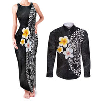 Hawaiian Hibiscus and Plumeria Polynesian Tribal Tattoo Couples Matching Tank Maxi Dress and Long Sleeve Button Shirt Black Color LT03 Black - Polynesian Pride
