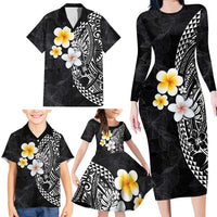 Hawaiian Hibiscus and Plumeria Polynesian Tribal Tattoo Family Matching Long Sleeve Bodycon Dress and Hawaiian Shirt Black Color LT03 - Polynesian Pride