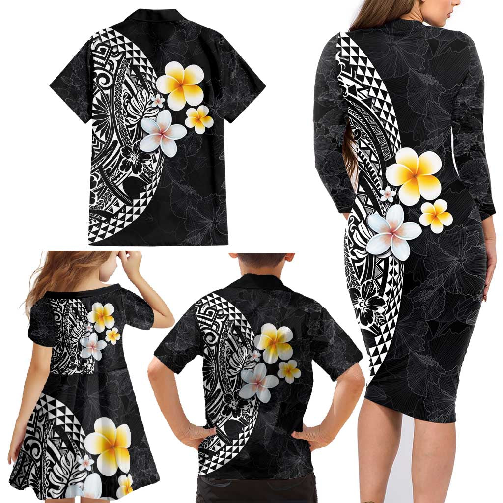 Hawaiian Hibiscus and Plumeria Polynesian Tribal Tattoo Family Matching Long Sleeve Bodycon Dress and Hawaiian Shirt Black Color LT03 - Polynesian Pride