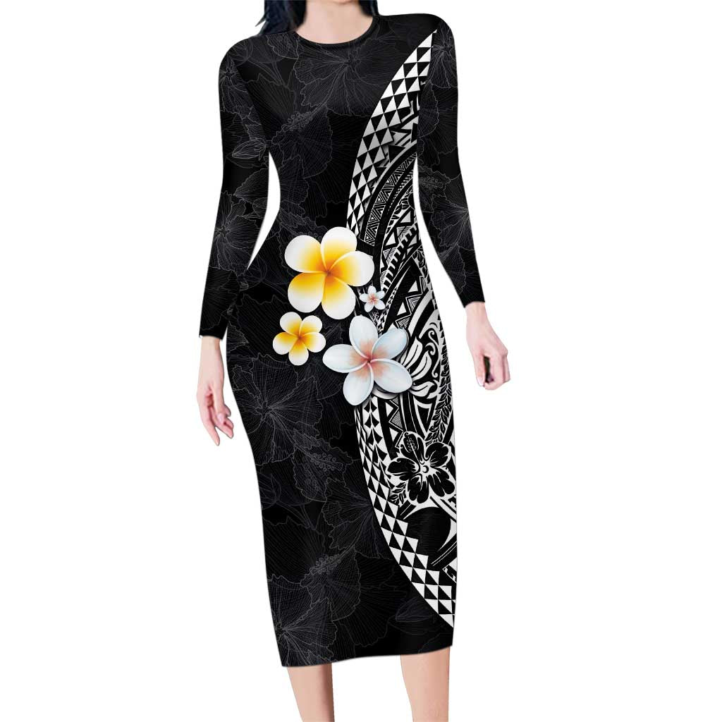Hawaiian Hibiscus and Plumeria Polynesian Tribal Tattoo Family Matching Long Sleeve Bodycon Dress and Hawaiian Shirt Black Color LT03 Mom's Dress Black - Polynesian Pride
