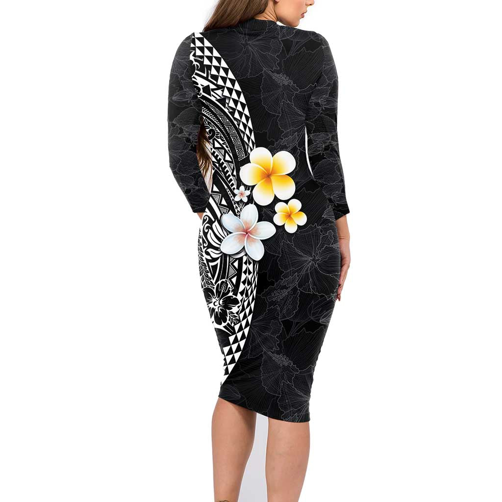 Hawaiian Hibiscus and Plumeria Polynesian Tribal Tattoo Family Matching Long Sleeve Bodycon Dress and Hawaiian Shirt Black Color LT03 - Polynesian Pride