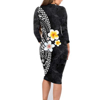 Hawaiian Hibiscus and Plumeria Polynesian Tribal Tattoo Family Matching Long Sleeve Bodycon Dress and Hawaiian Shirt Black Color LT03 - Polynesian Pride