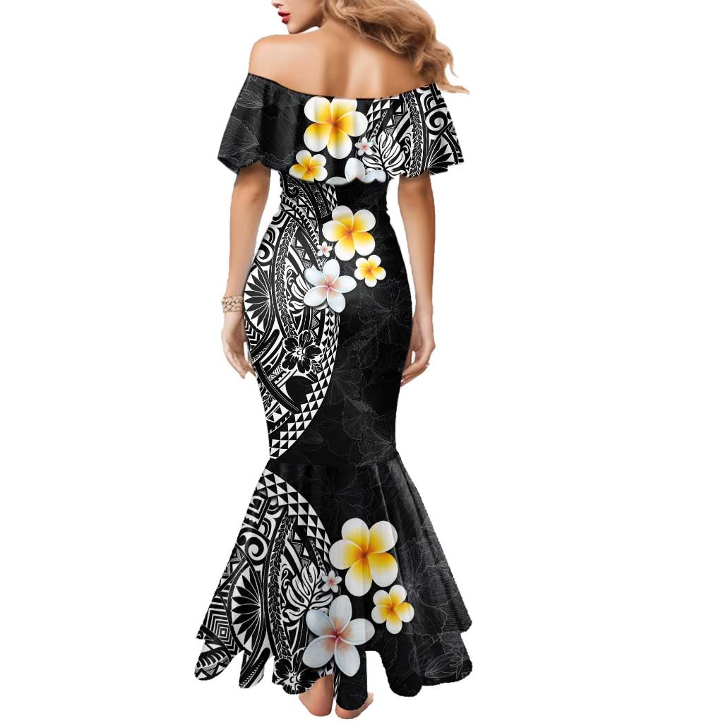 Hawaiian Hibiscus and Plumeria Polynesian Tribal Tattoo Family Matching Mermaid Dress and Hawaiian Shirt Black Color LT03 - Polynesian Pride