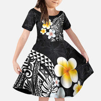 Hawaiian Hibiscus and Plumeria Polynesian Tribal Tattoo Family Matching Off The Shoulder Long Sleeve Dress and Hawaiian Shirt Black Color LT03 Daughter's Dress Black - Polynesian Pride