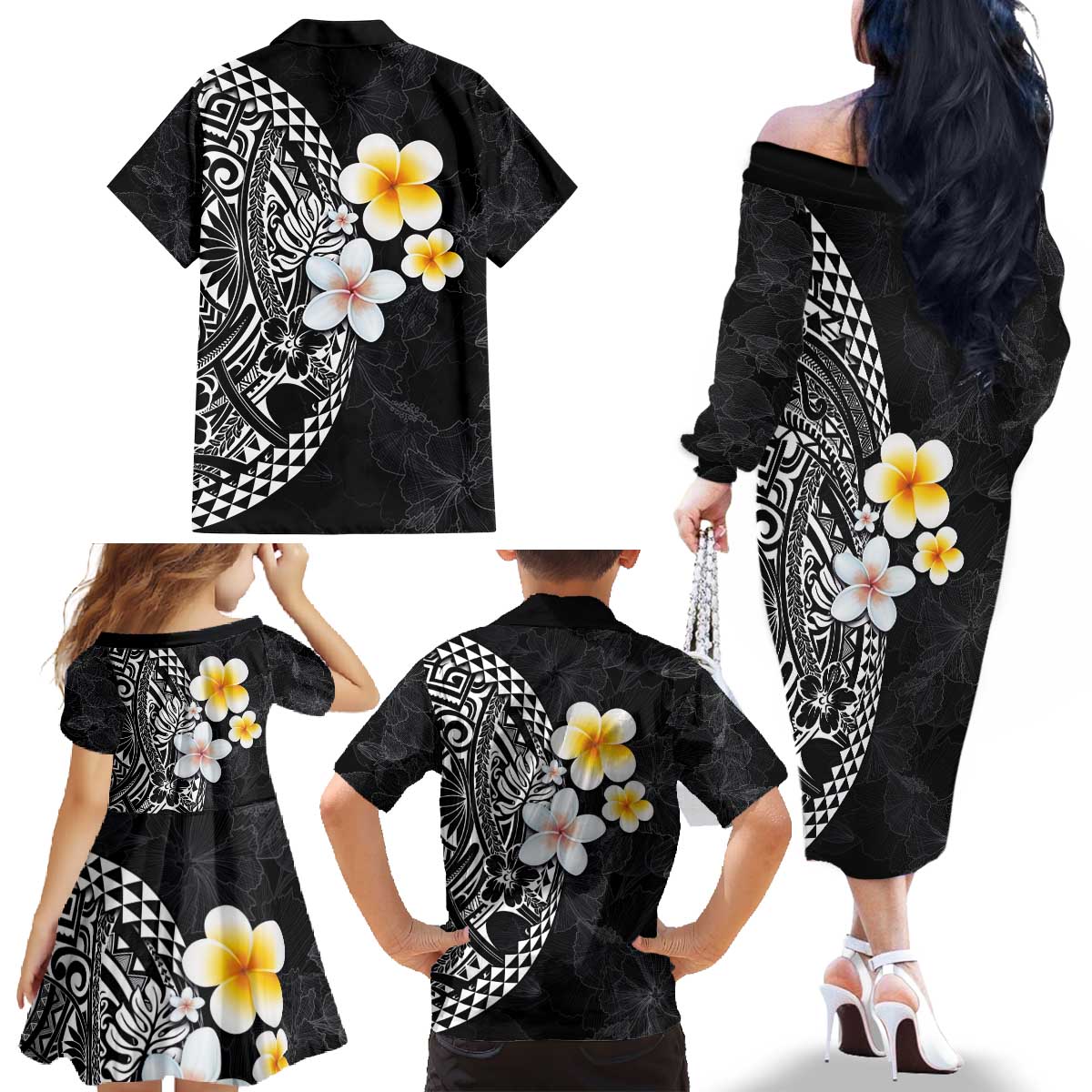 Hawaiian Hibiscus and Plumeria Polynesian Tribal Tattoo Family Matching Off The Shoulder Long Sleeve Dress and Hawaiian Shirt Black Color LT03 - Polynesian Pride