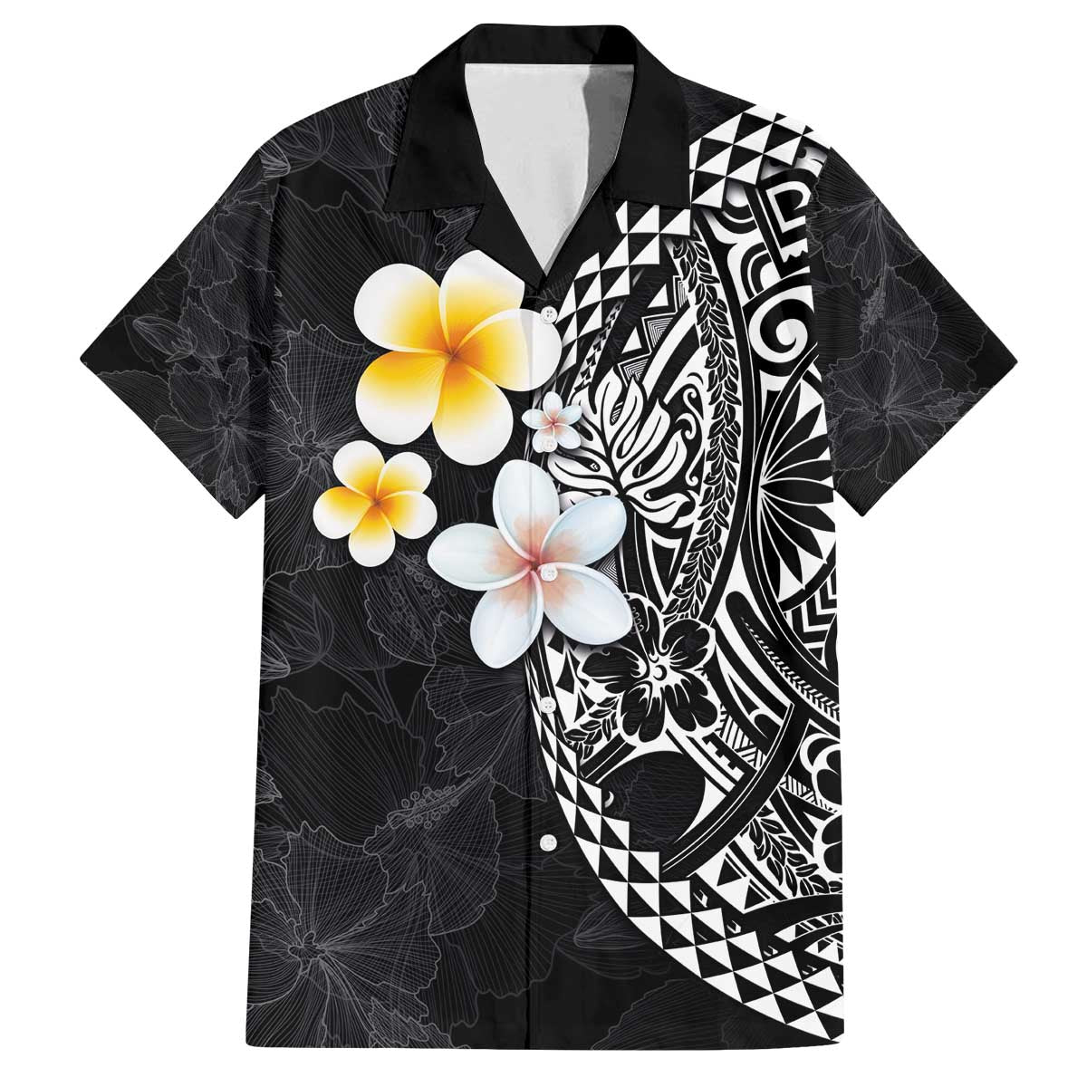 Hawaiian Hibiscus and Plumeria Polynesian Tribal Tattoo Family Matching Off The Shoulder Long Sleeve Dress and Hawaiian Shirt Black Color LT03 Dad's Shirt - Short Sleeve Black - Polynesian Pride
