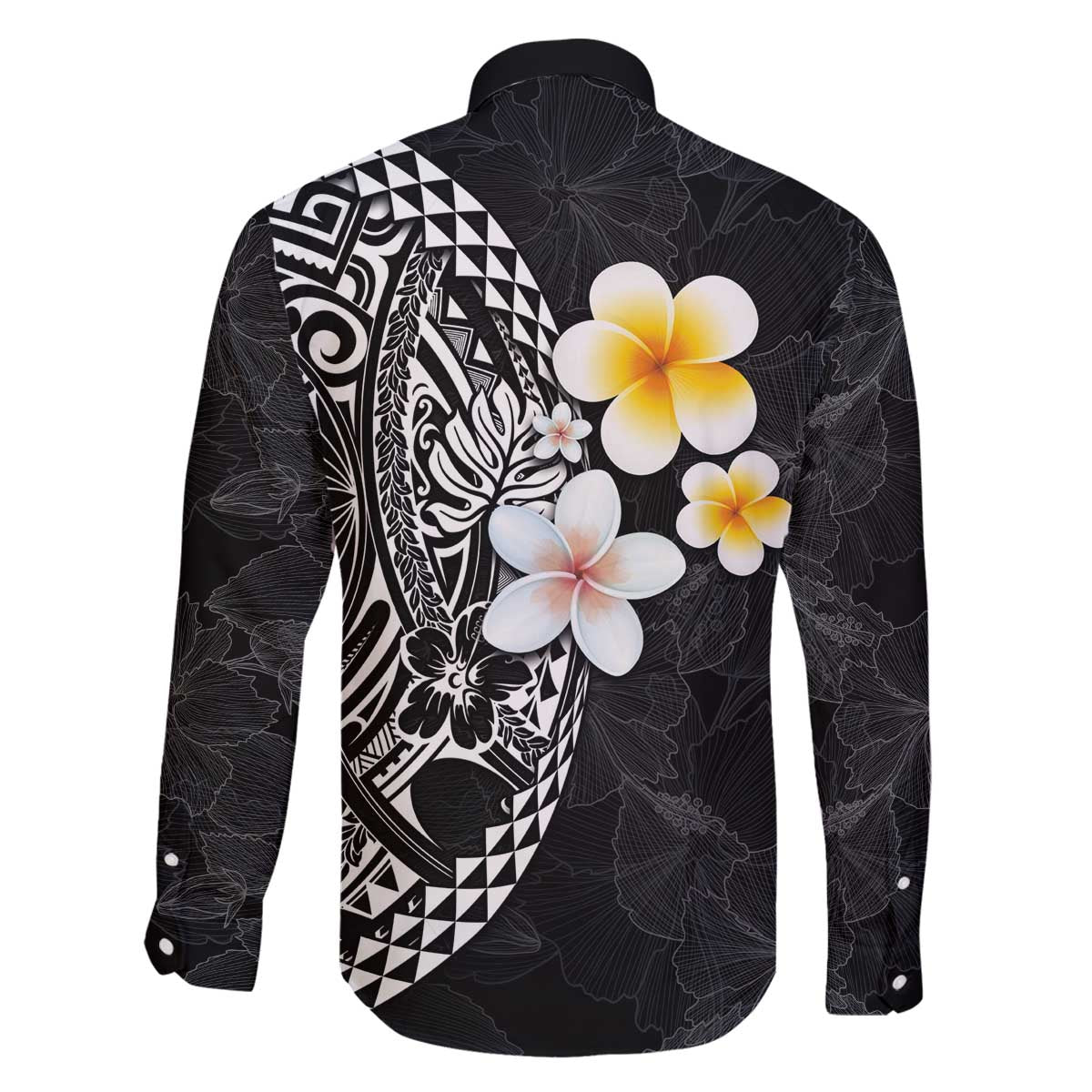 Hawaiian Hibiscus and Plumeria Polynesian Tribal Tattoo Family Matching Off The Shoulder Long Sleeve Dress and Hawaiian Shirt Black Color LT03 - Polynesian Pride
