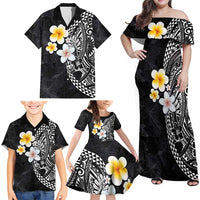 Hawaiian Hibiscus and Plumeria Polynesian Tribal Tattoo Family Matching Off Shoulder Maxi Dress and Hawaiian Shirt Black Color LT03 - Polynesian Pride