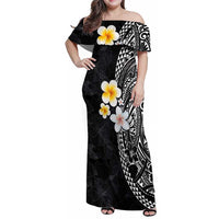 Hawaiian Hibiscus and Plumeria Polynesian Tribal Tattoo Family Matching Off Shoulder Maxi Dress and Hawaiian Shirt Black Color LT03 Mom's Dress Black - Polynesian Pride