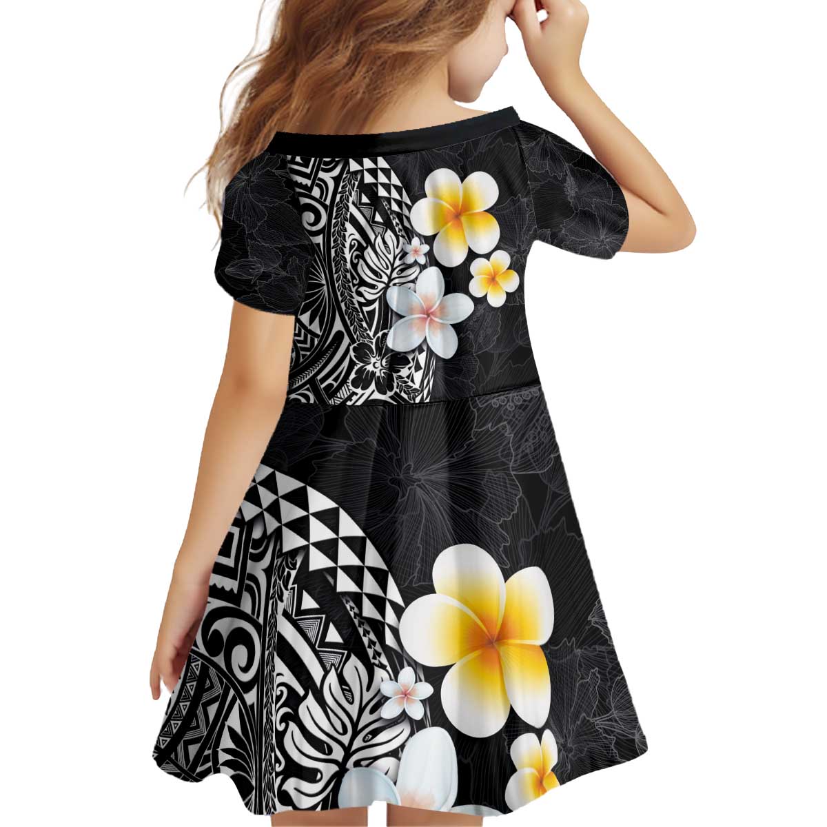 Hawaiian Hibiscus and Plumeria Polynesian Tribal Tattoo Family Matching Off Shoulder Short Dress and Hawaiian Shirt Black Color LT03 - Polynesian Pride