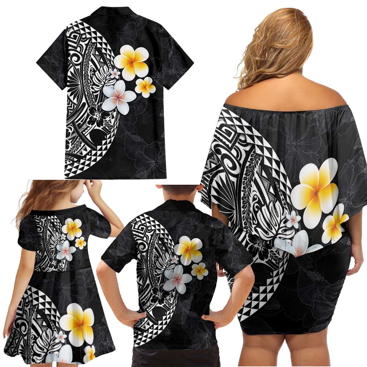 Hawaiian Hibiscus and Plumeria Polynesian Tribal Tattoo Family Matching Off Shoulder Short Dress and Hawaiian Shirt Black Color LT03 - Polynesian Pride