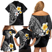 Hawaiian Hibiscus and Plumeria Polynesian Tribal Tattoo Family Matching Off Shoulder Short Dress and Hawaiian Shirt Black Color LT03 - Polynesian Pride