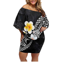 Hawaiian Hibiscus and Plumeria Polynesian Tribal Tattoo Family Matching Off Shoulder Short Dress and Hawaiian Shirt Black Color LT03 Mom's Dress Black - Polynesian Pride