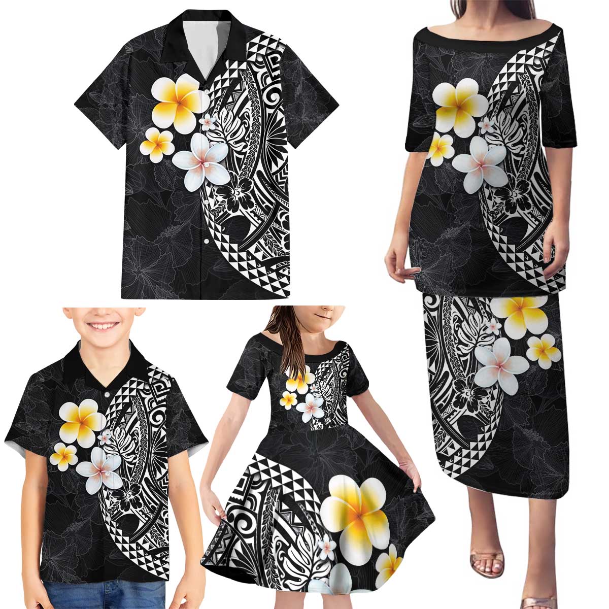 Hawaiian Hibiscus and Plumeria Polynesian Tribal Tattoo Family Matching Puletasi and Hawaiian Shirt Black Color