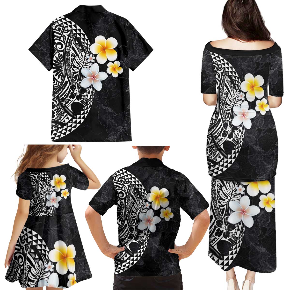 Hawaiian Hibiscus and Plumeria Polynesian Tribal Tattoo Family Matching Puletasi and Hawaiian Shirt Black Color LT03 - Polynesian Pride