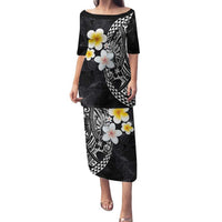 Hawaiian Hibiscus and Plumeria Polynesian Tribal Tattoo Family Matching Puletasi and Hawaiian Shirt Black Color LT03 Mom's Dress Black - Polynesian Pride
