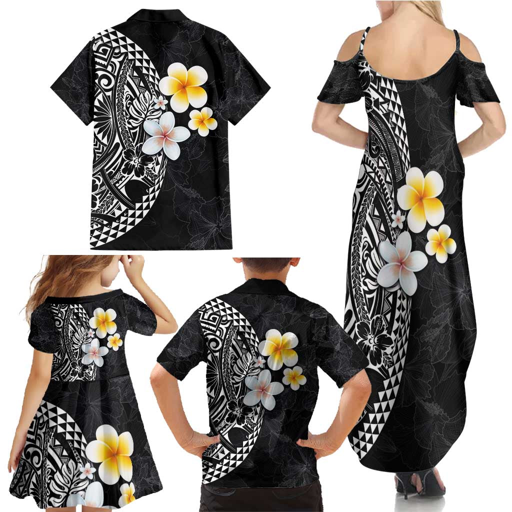 Hawaiian Hibiscus and Plumeria Polynesian Tribal Tattoo Family Matching Summer Maxi Dress and Hawaiian Shirt Black Color LT03 - Polynesian Pride