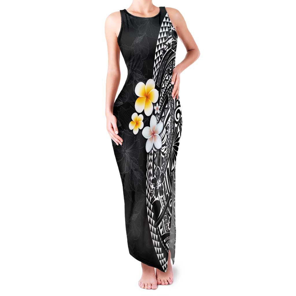 Hawaiian Hibiscus and Plumeria Polynesian Tribal Tattoo Family Matching Tank Maxi Dress and Hawaiian Shirt Black Color LT03 Mom's Dress Black - Polynesian Pride