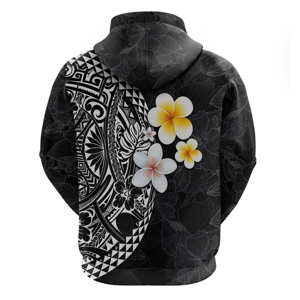 Hawaiian Hibiscus and Plumeria Polynesian Tribal Tattoo Hoodie Black Color