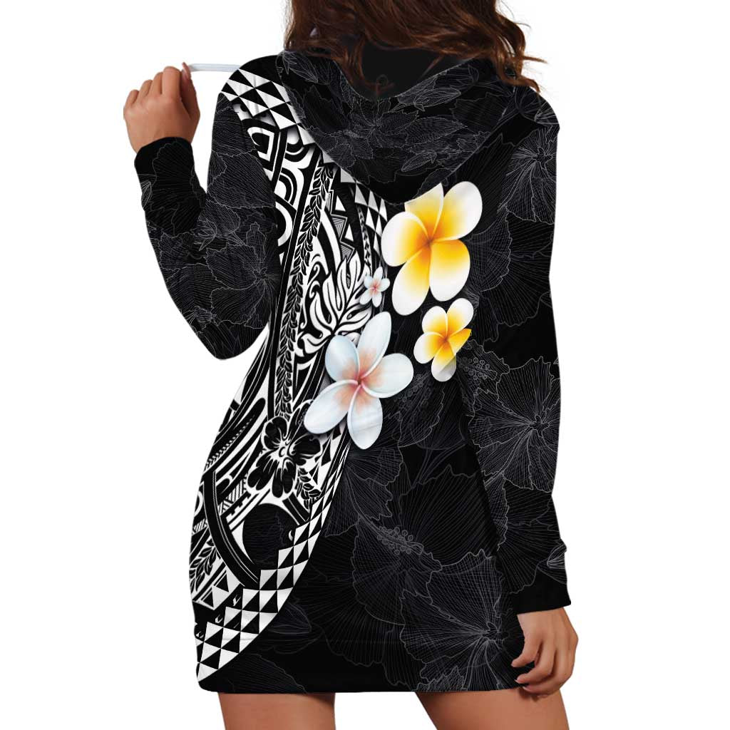 Hawaiian Hibiscus and Plumeria Polynesian Tribal Tattoo Hoodie Dress Black Color LT03 - Polynesian Pride