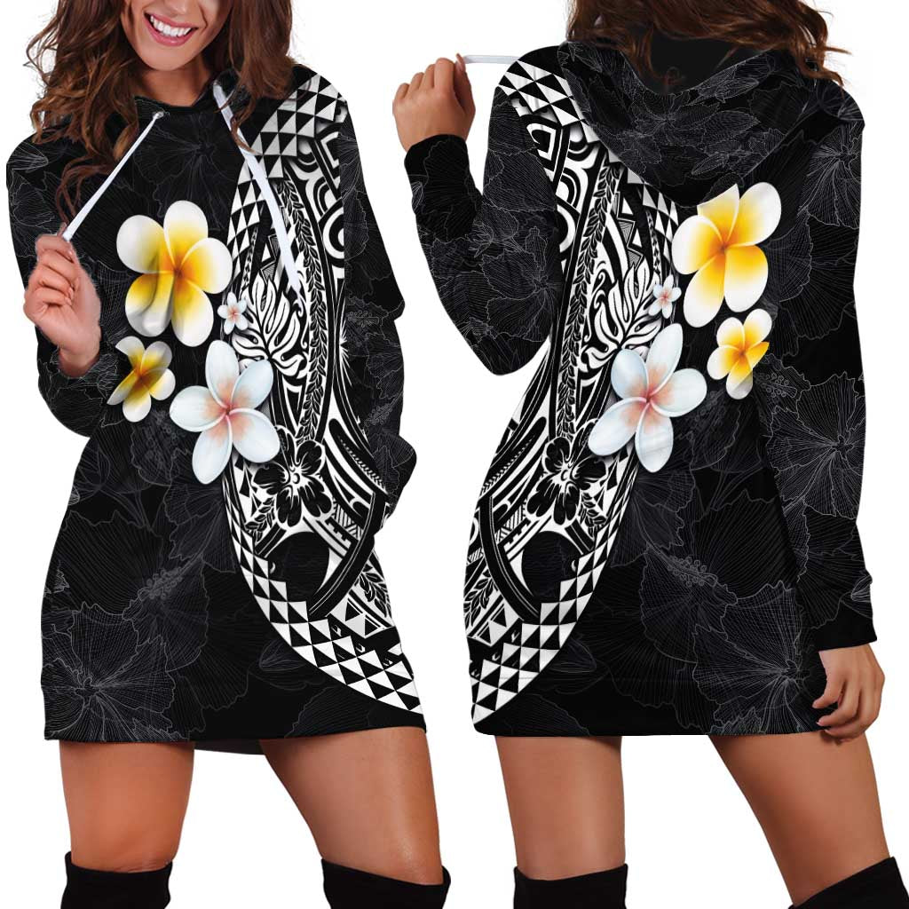 Hawaiian Hibiscus and Plumeria Polynesian Tribal Tattoo Hoodie Dress Black Color LT03 - Polynesian Pride