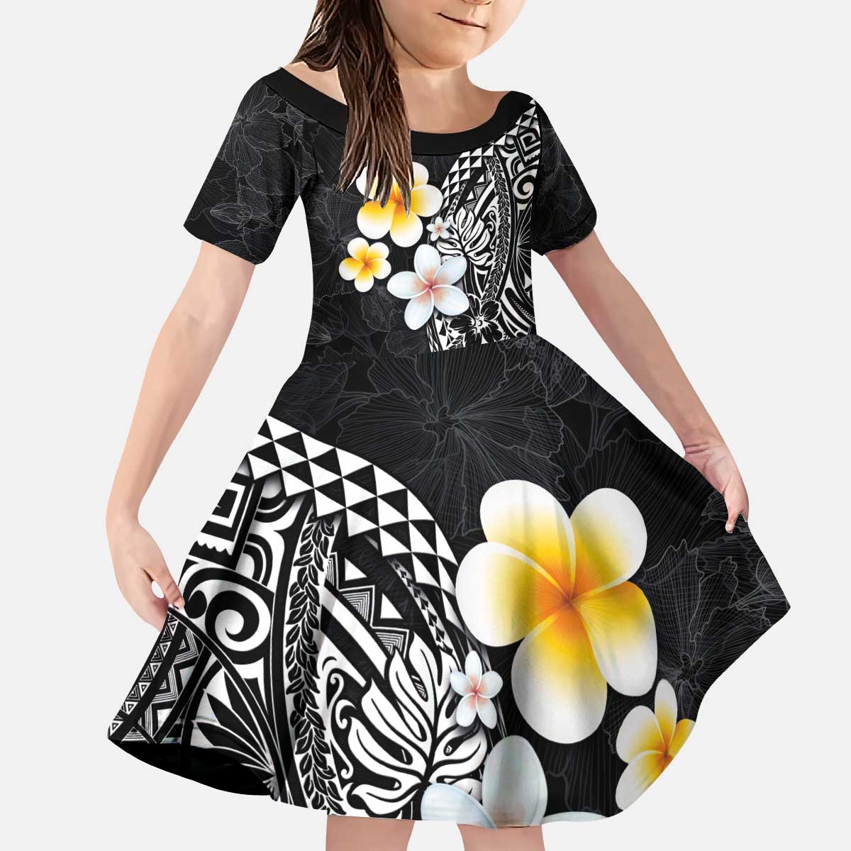 Hawaiian Hibiscus and Plumeria Polynesian Tribal Tattoo Kid Short Sleeve Dress Black Color